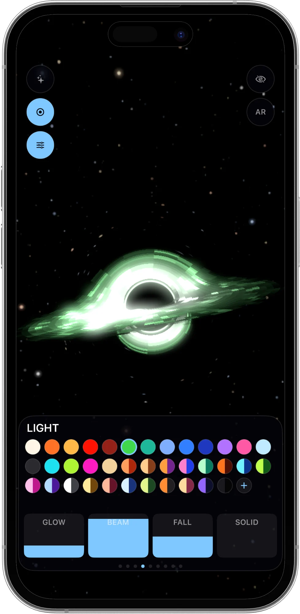 The colour palette picker with a green accretion disc