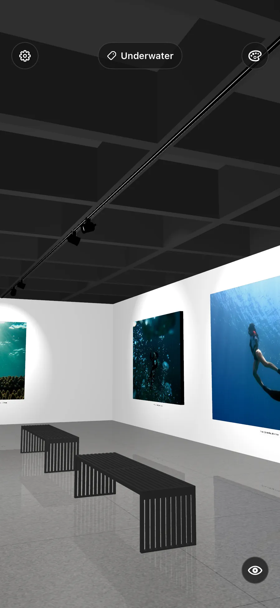 An underwater room, blue canvases along the wall
