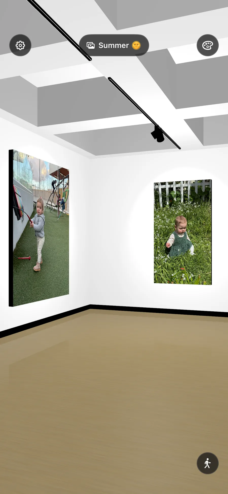A warm room hung with family photographs